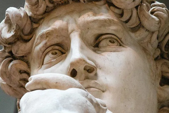 David’s face close up from below: the brow drawn in, the eyes turned to his left, fixed on something outside the sculpture