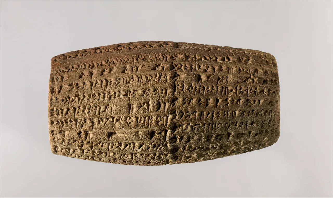 A small barrel-shaped clay cylinder covered with close rows of cuneiform writing.