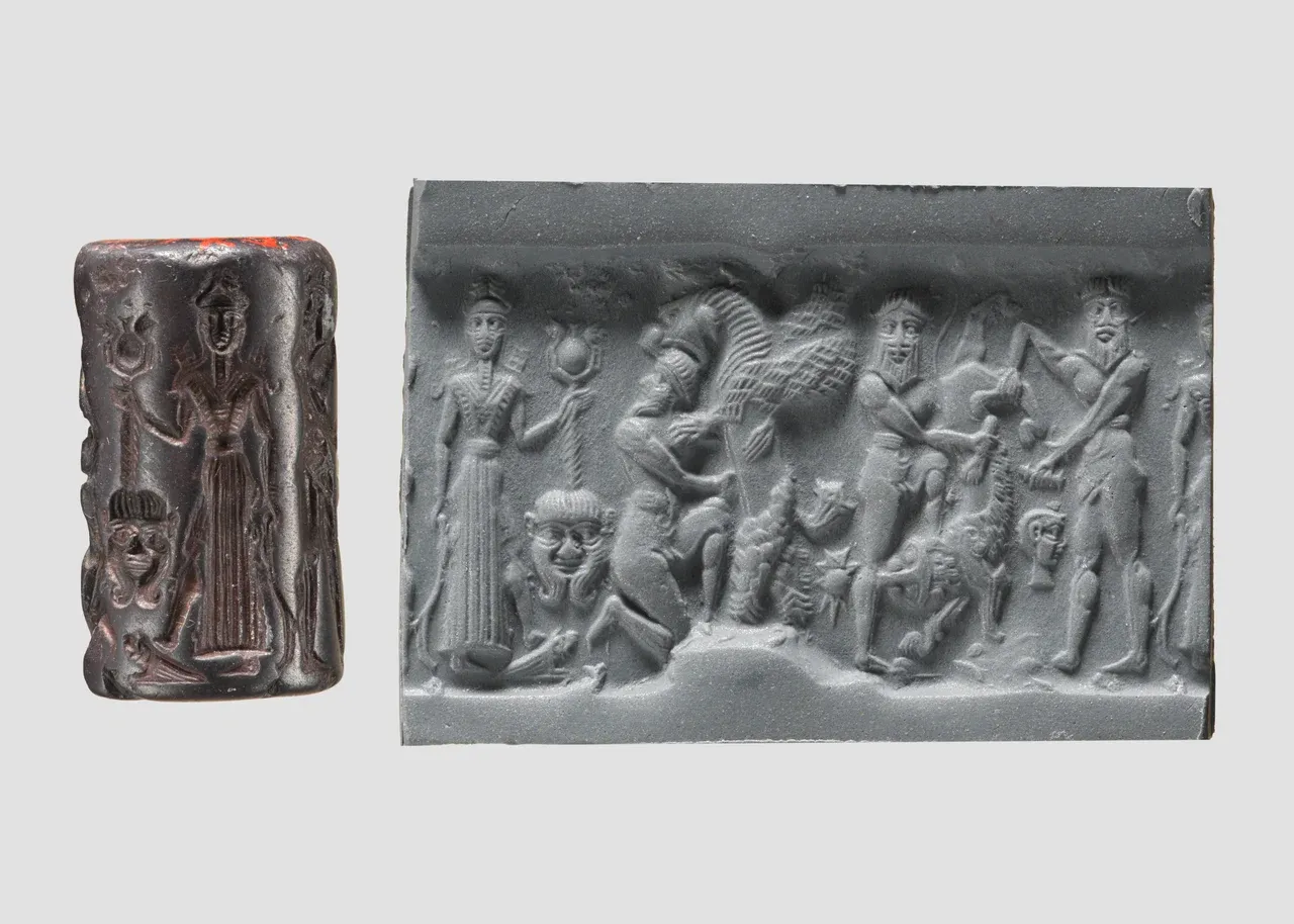An ancient dark cylinder seal beside a modern impression showing armed figures, animals in combat, and a small frontal monster's head.