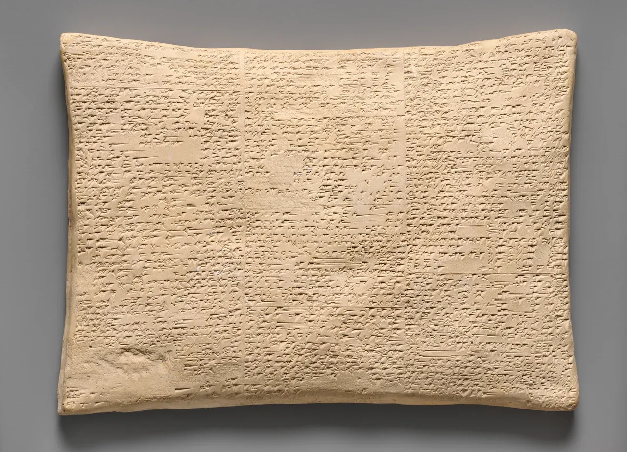A nineteenth-century plaster reconstruction with dense columns of cuneiform text and a rounded upper edge.