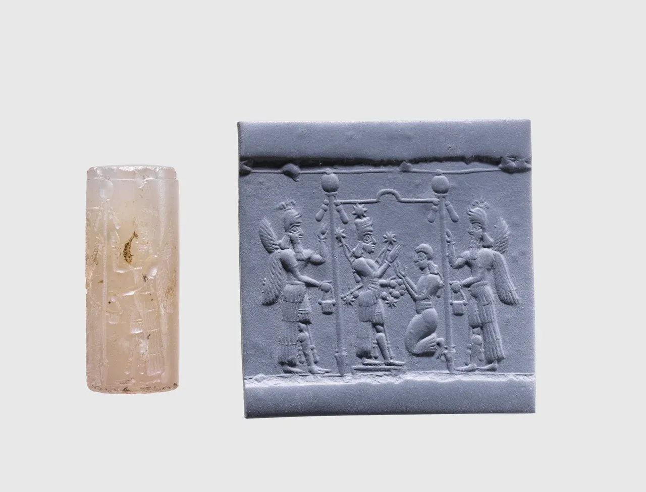 A pale cylinder seal beside a modern impression showing Ishtar in a canopied shrine, a kneeling worshiper, stars, and two winged figures.