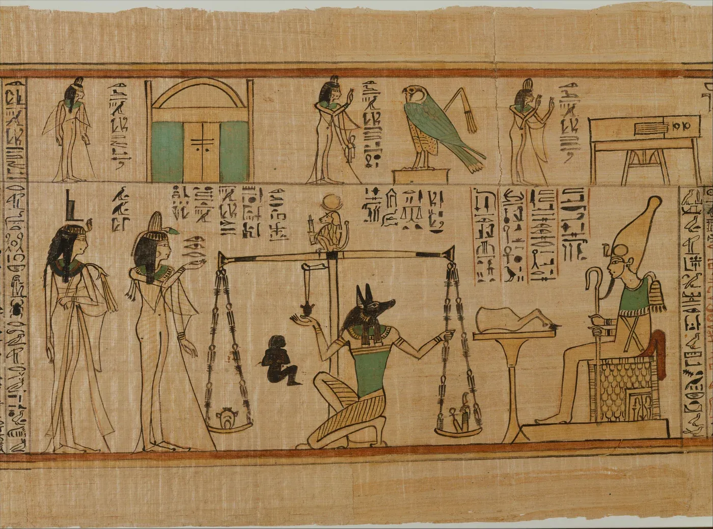 A painted papyrus detail showing Nauny beside a balance, Anubis tending the scales, and Osiris seated at the right, with columns of hieroglyphs around the scene.