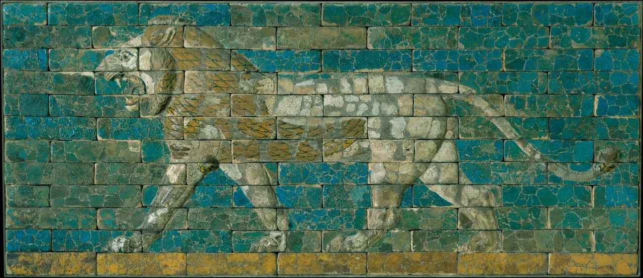 A pale striding lion with an open mouth on a blue and yellow glazed-brick panel from Babylon.