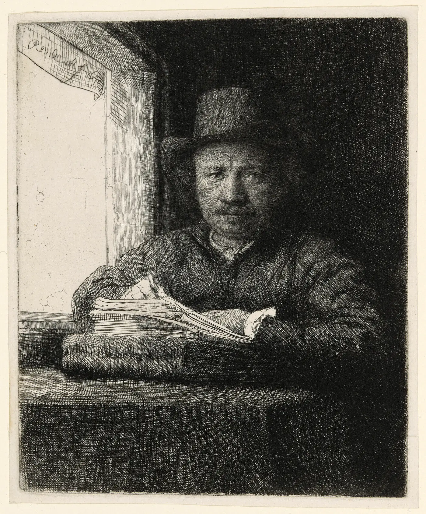 Self-Portrait Etching at a Window, Rembrandt van Rijn